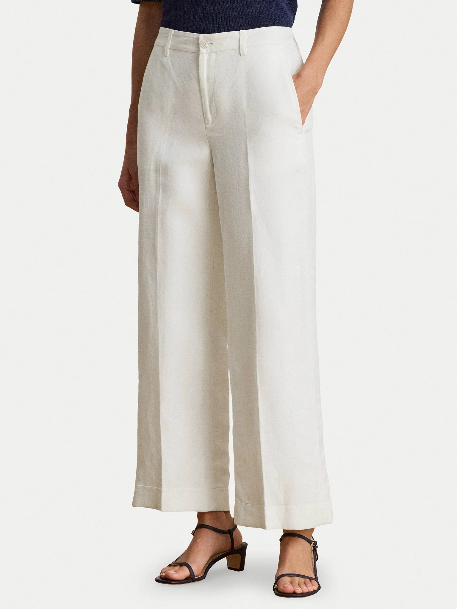 White Sendon Cropped Pleated Linen Trousers