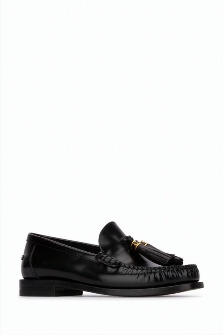 Black Leather Loafers with Moccasin Toe and Gold Accents