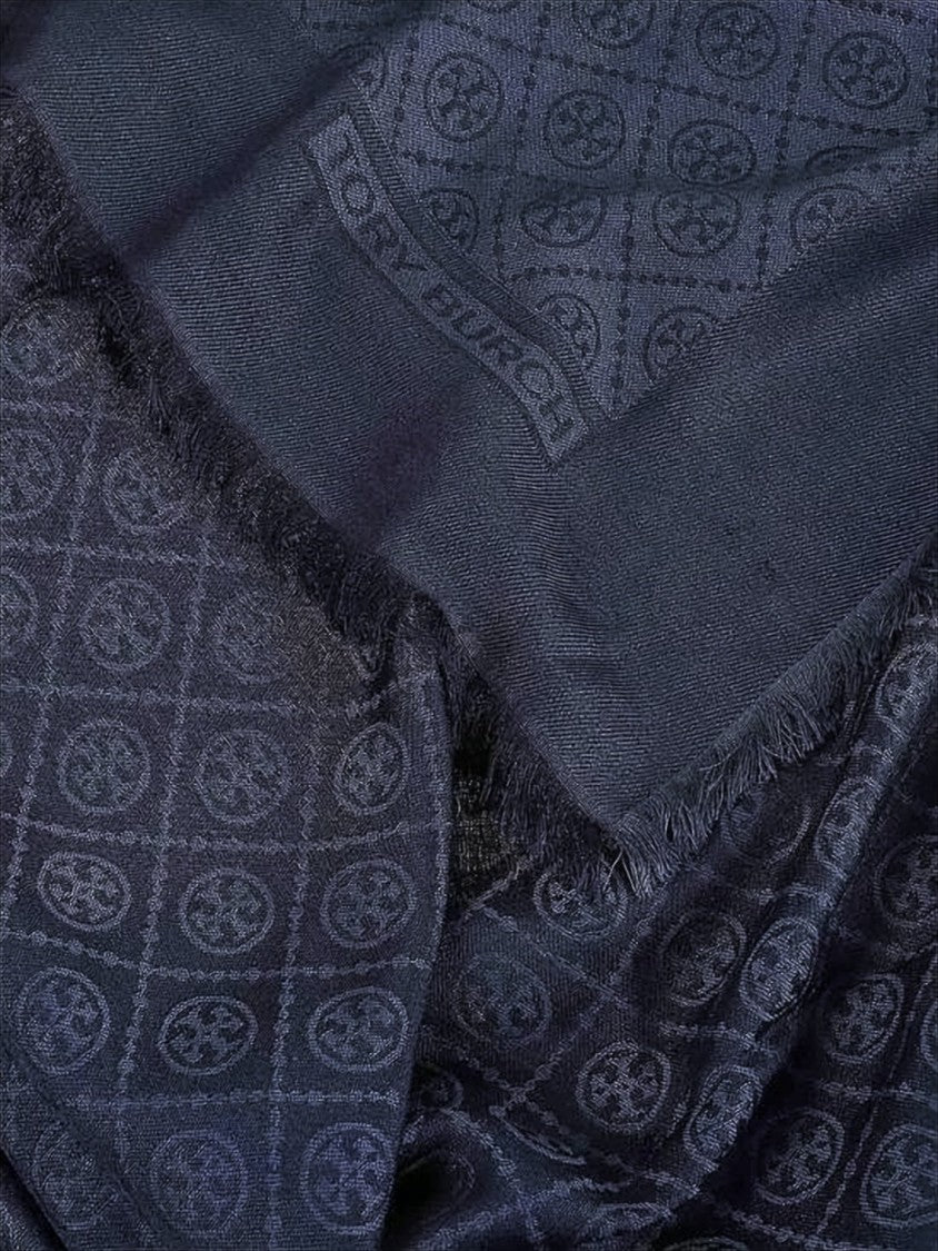Navy Silk-Wool Blend Scarf with Geometric Motifs