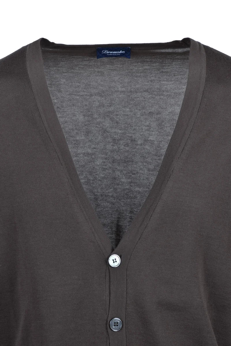 Cotton V-Neck Cardigan - Brown