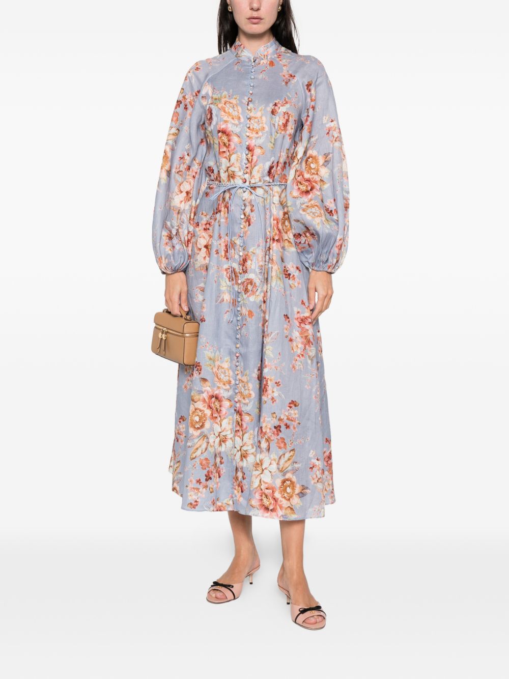 Floral-Print Midi Dress with Puffed Sleeves