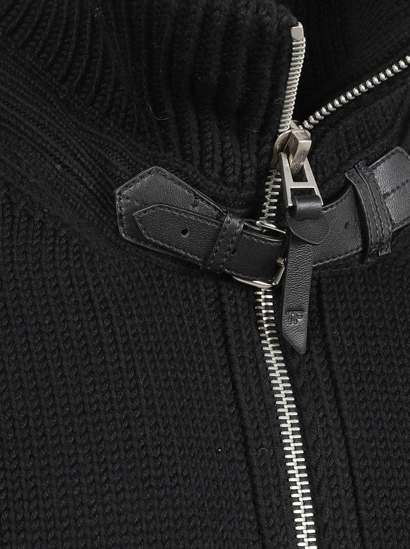Black Wool Cardigan With High Collar
