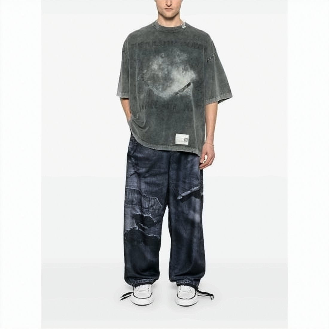 Washed Charcoal Grey Oversized Tee with Distressed Graphics