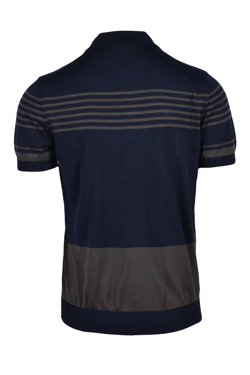 Cotton Knit Polo Shirt - Blue/Brown