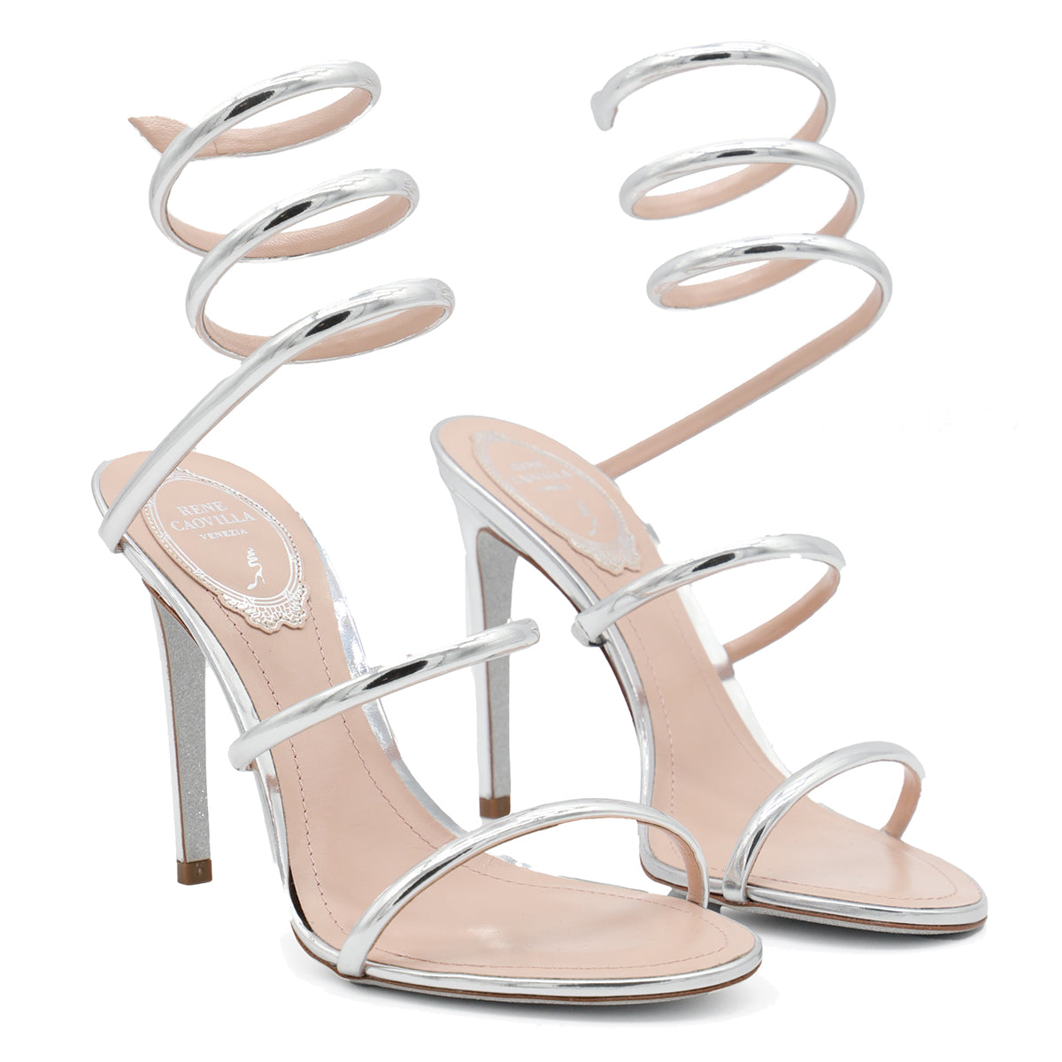 Silver Leather Cleo Sandals with Stiletto Heel