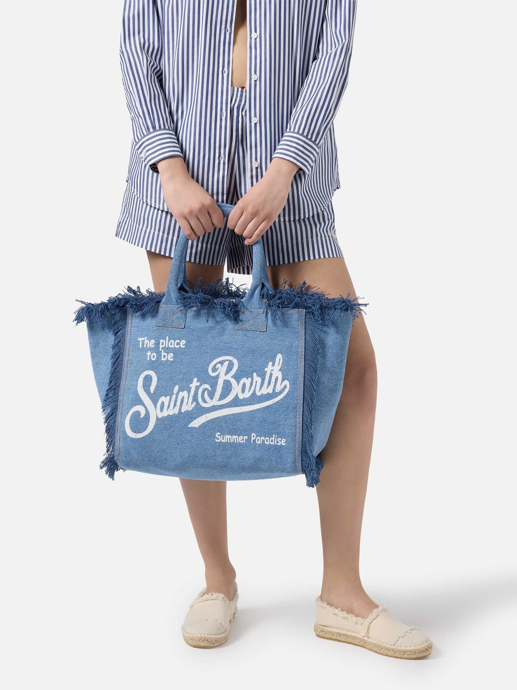 Oversized Denim Tote Bag with Frayed Edges