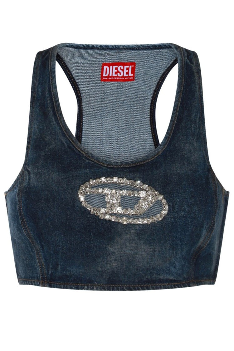Cropped Denim Top with Embellished Logo Detail