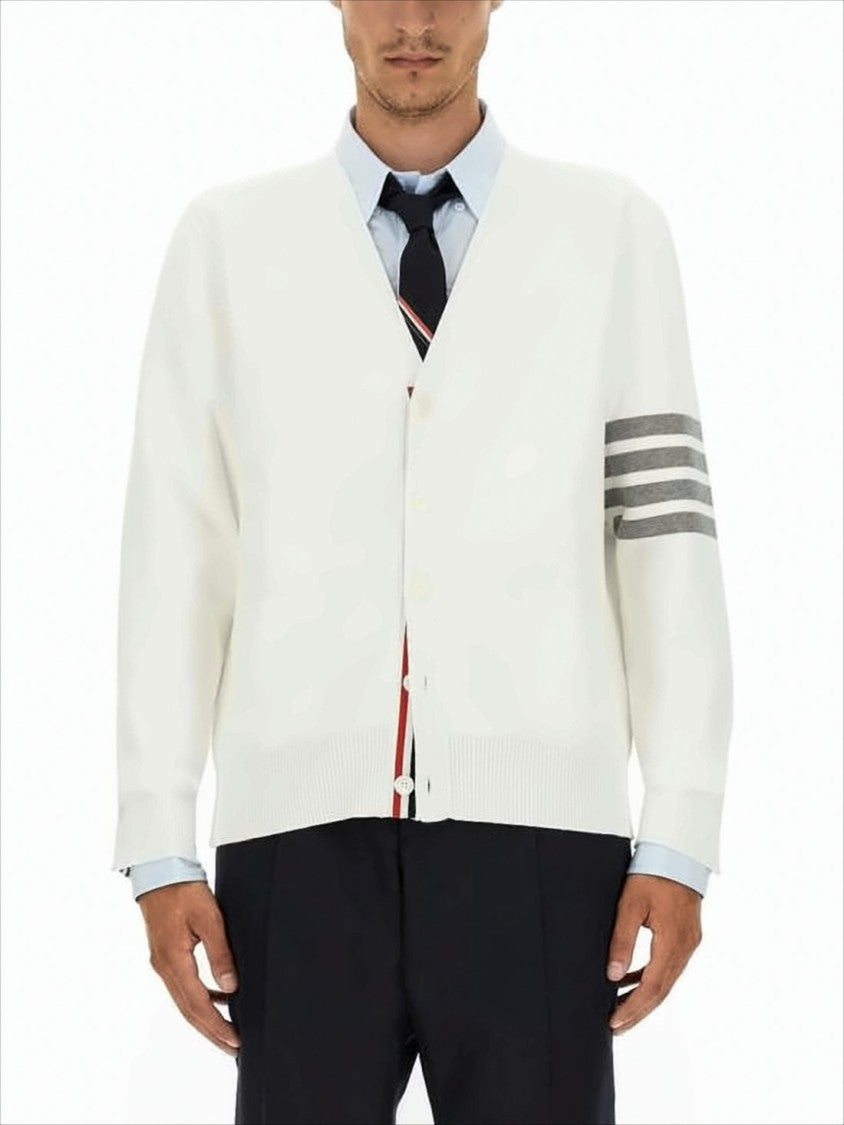 Minimalist White Cotton Cardigan with Ribbed Cuffs and Tricolor Detail