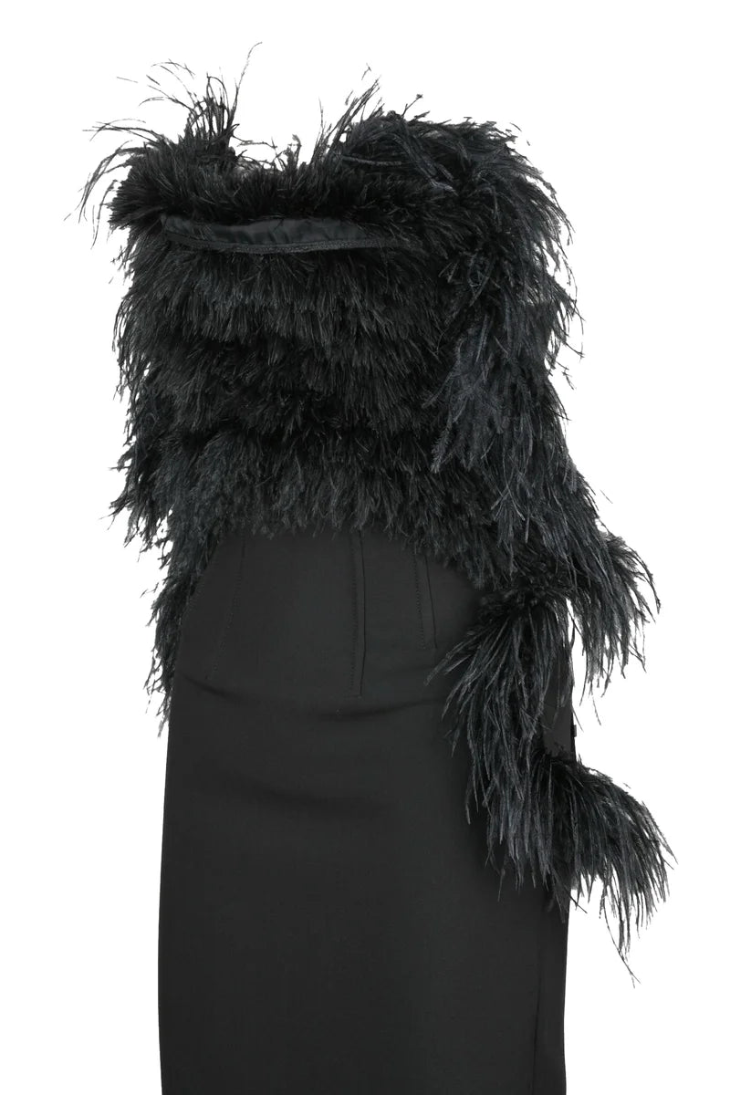 Midi Dress with Ostrich Feathers - Black