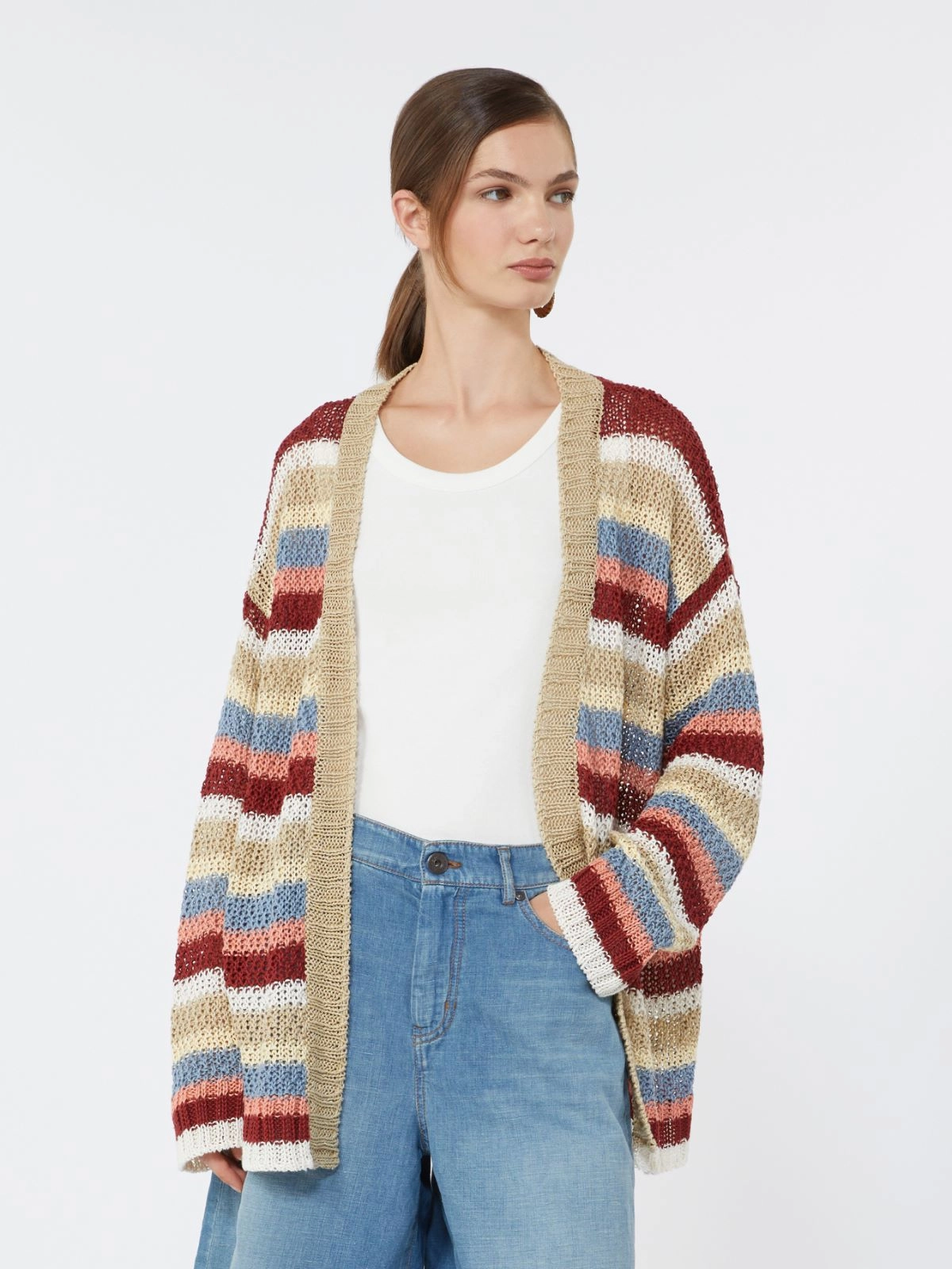 Horizontal Stripe Knit Cardigan with Matching Belt