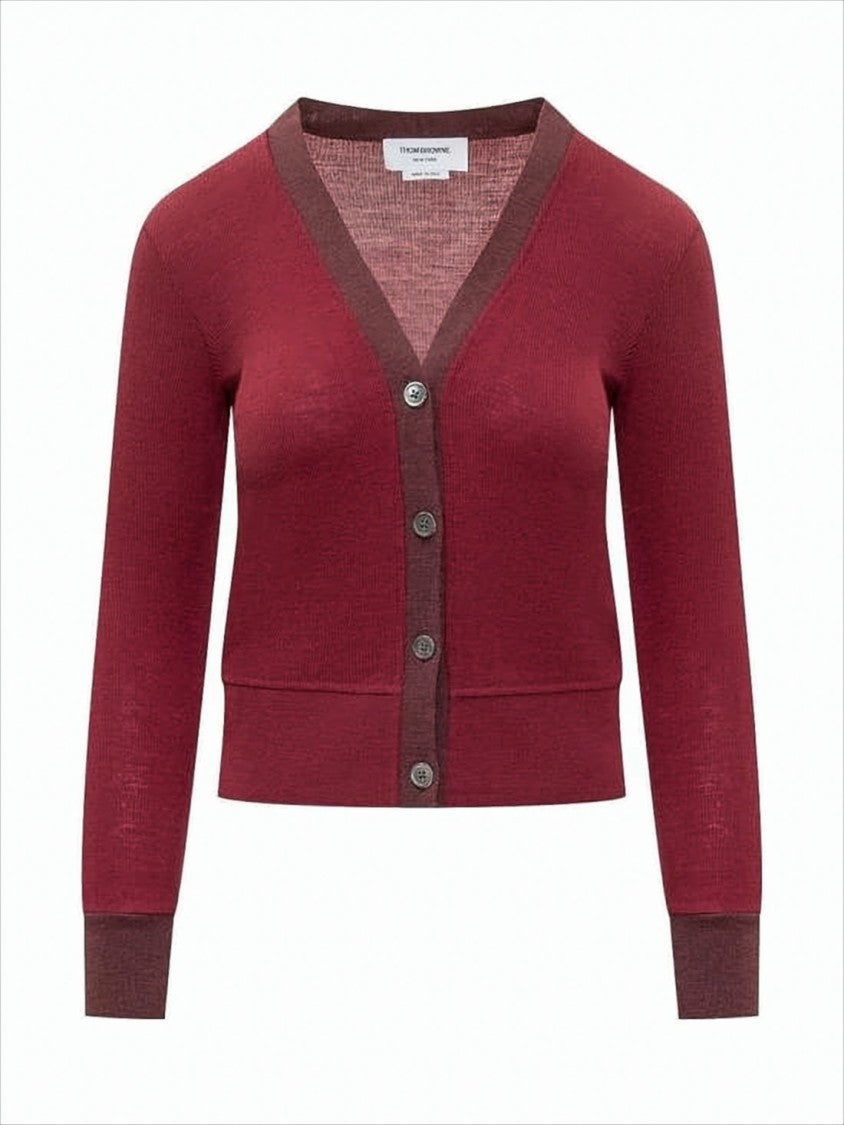 Cropped Burgundy Cardigan with Deep V-Neckline and Ribbed Details