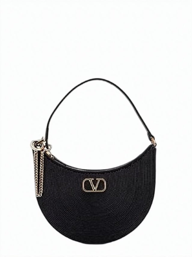 Crescent-Shaped Textured Lambskin Shoulder Bag with Metallic Emblem