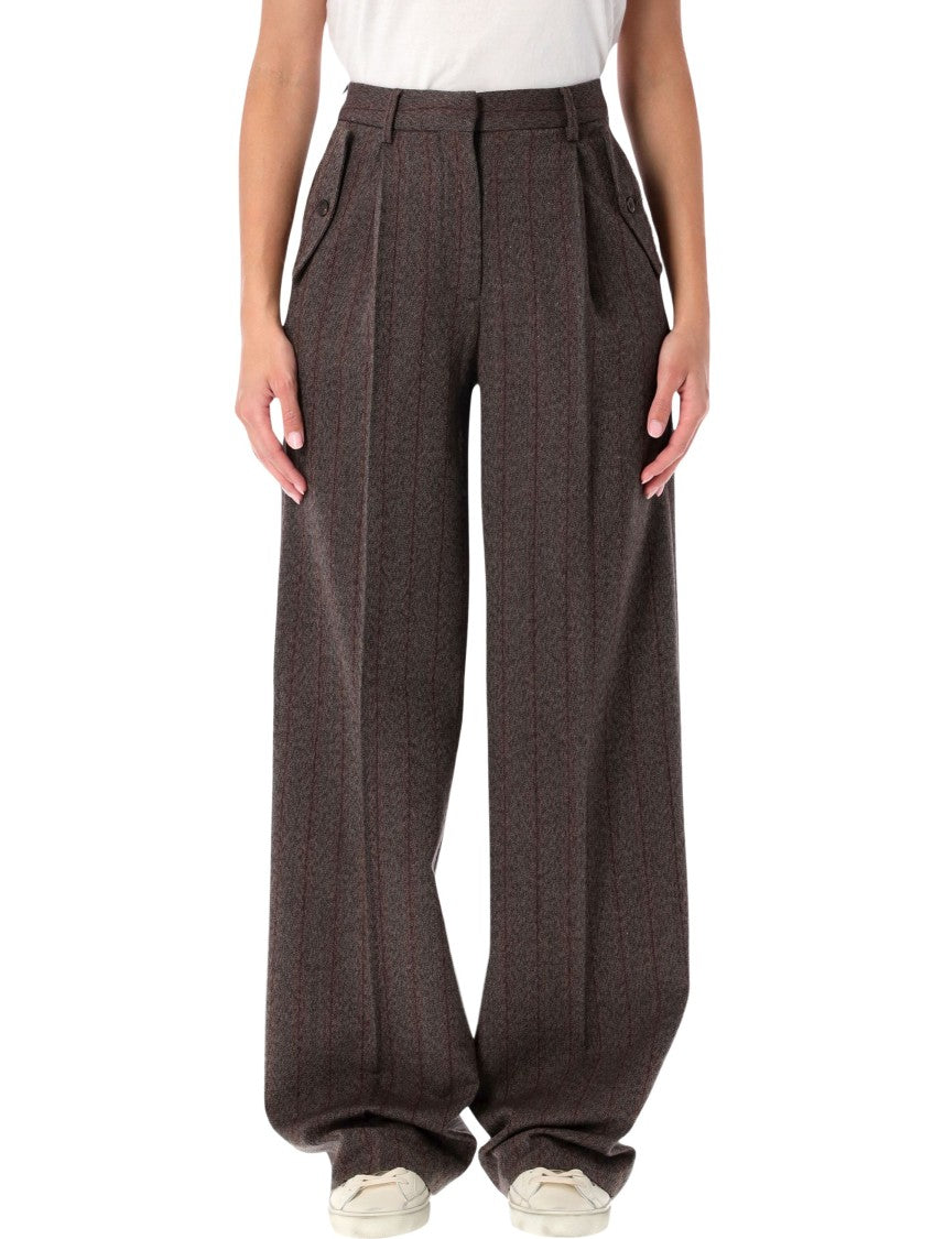 Brown Pinstripe Wool Wide-Leg Trousers