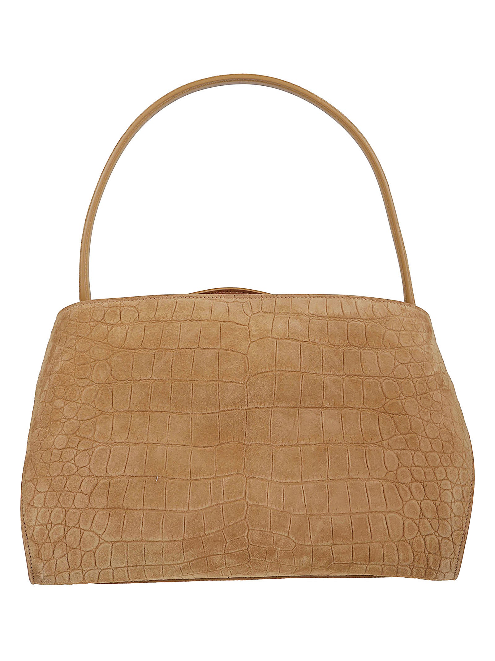 Crocodile-Print Suede Handbag with Gold-Tone Accents