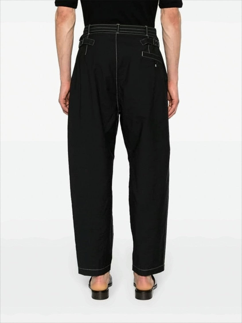 Relaxed Fit Black Straight Pants With Belt Detail And Contrasting Stitching