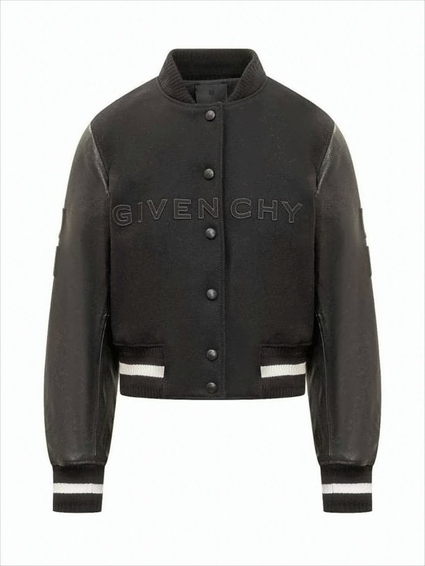 Cropped Wool-Blend Jacket with Leather Sleeves