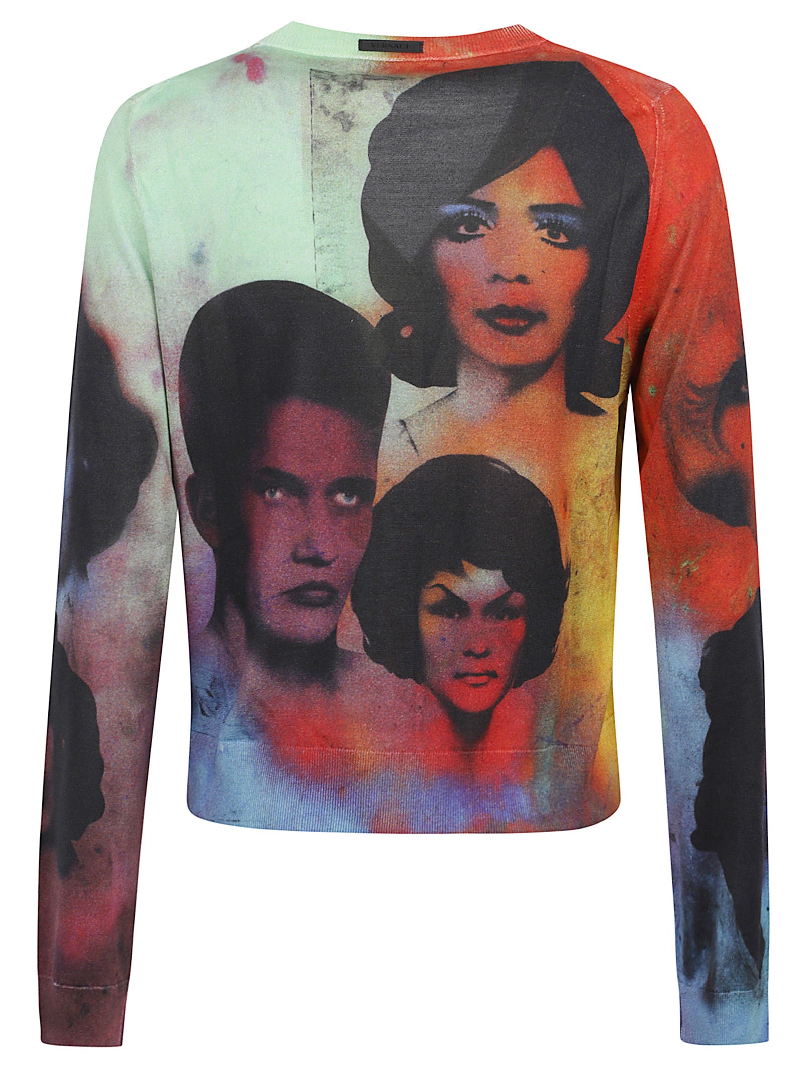 Portrait Print Black Knit Sweater with V-Neck and Button Closure