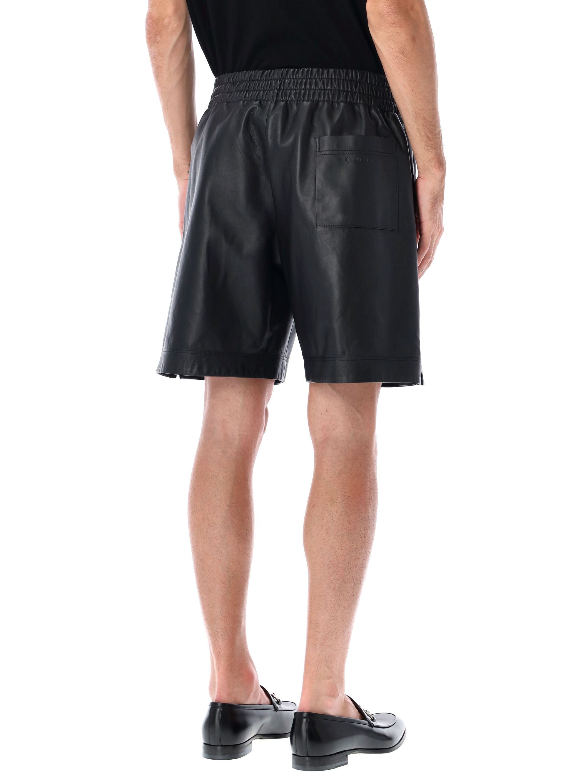 Black Leather Bermuda Shorts With Elasticated Waist