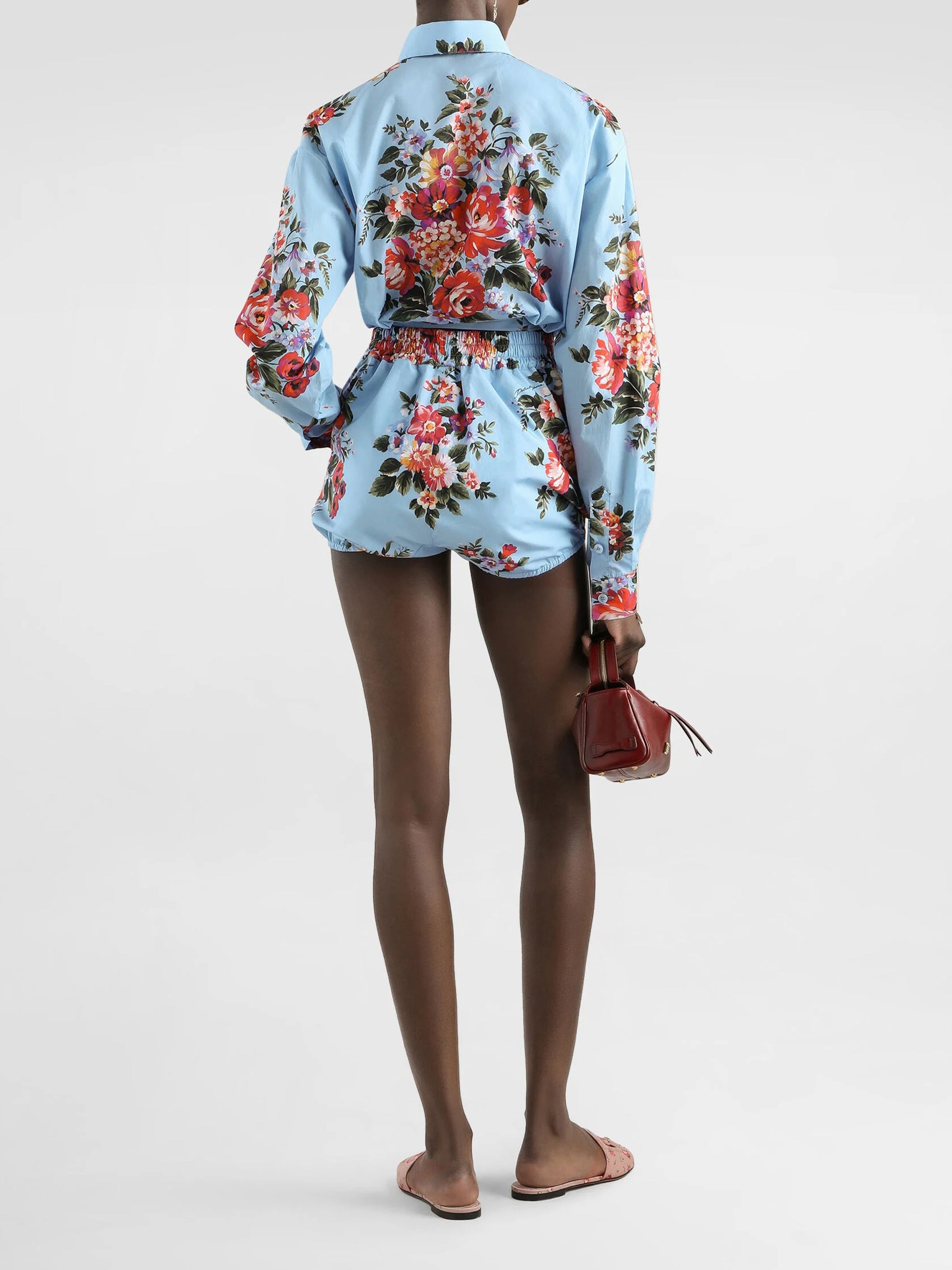 Cropped Light Blue Floral Cotton Shirt