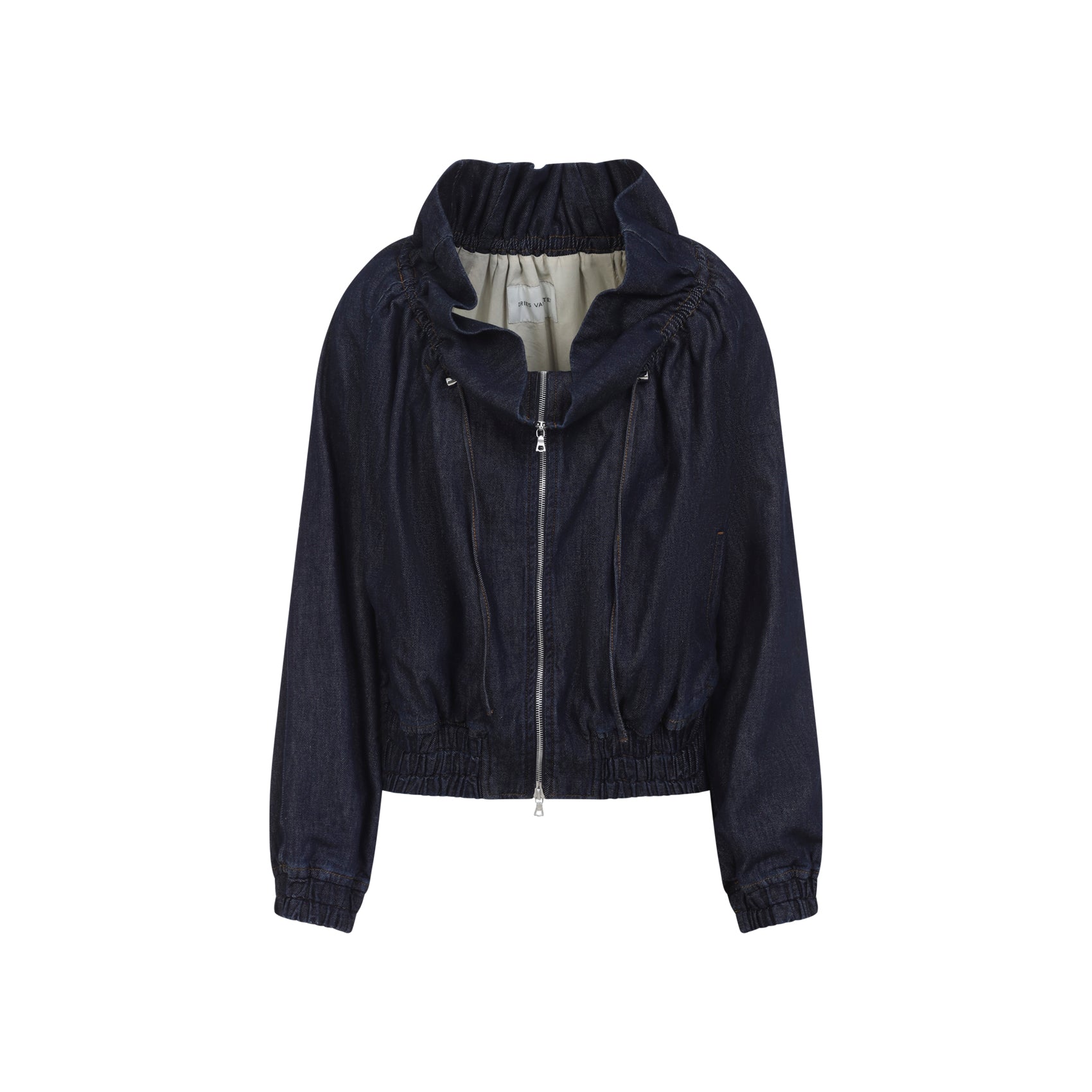 Indigo Cotton Jacket with Ruched Collar and Elasticated Hem