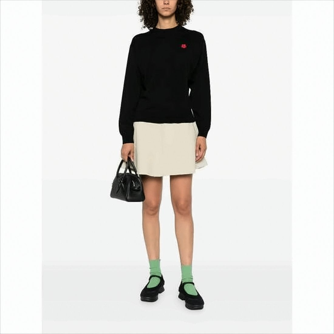 Black Wool Sweater With Classic Crew Neck And Embroidered Detail