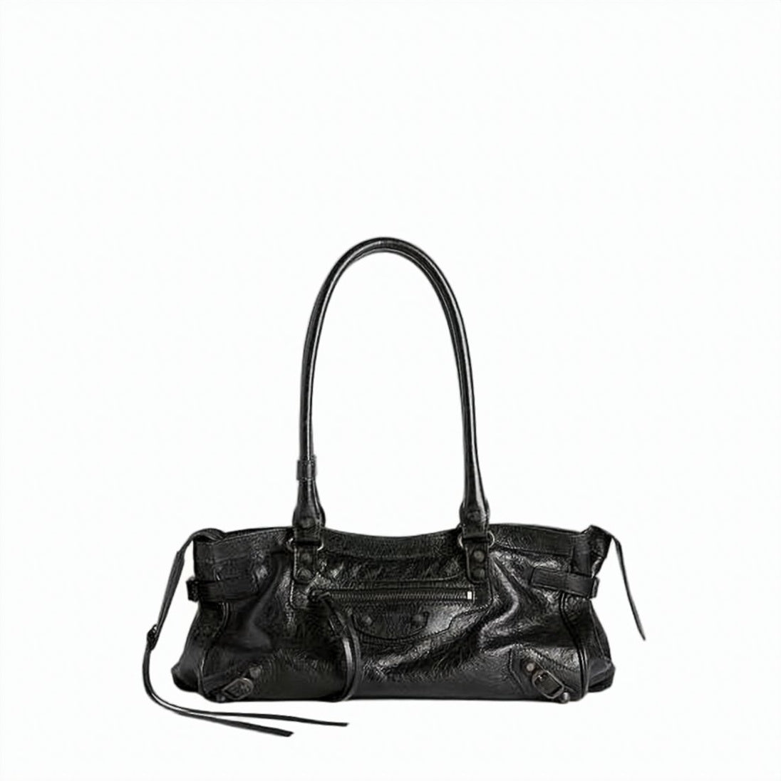 Black Textured Lambskin Studded Shoulder Bag