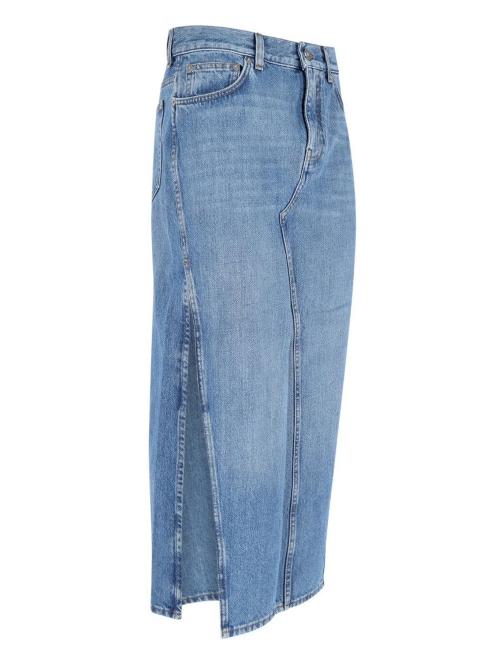 Side Slit Midi Denim Skirt With Logo Patch