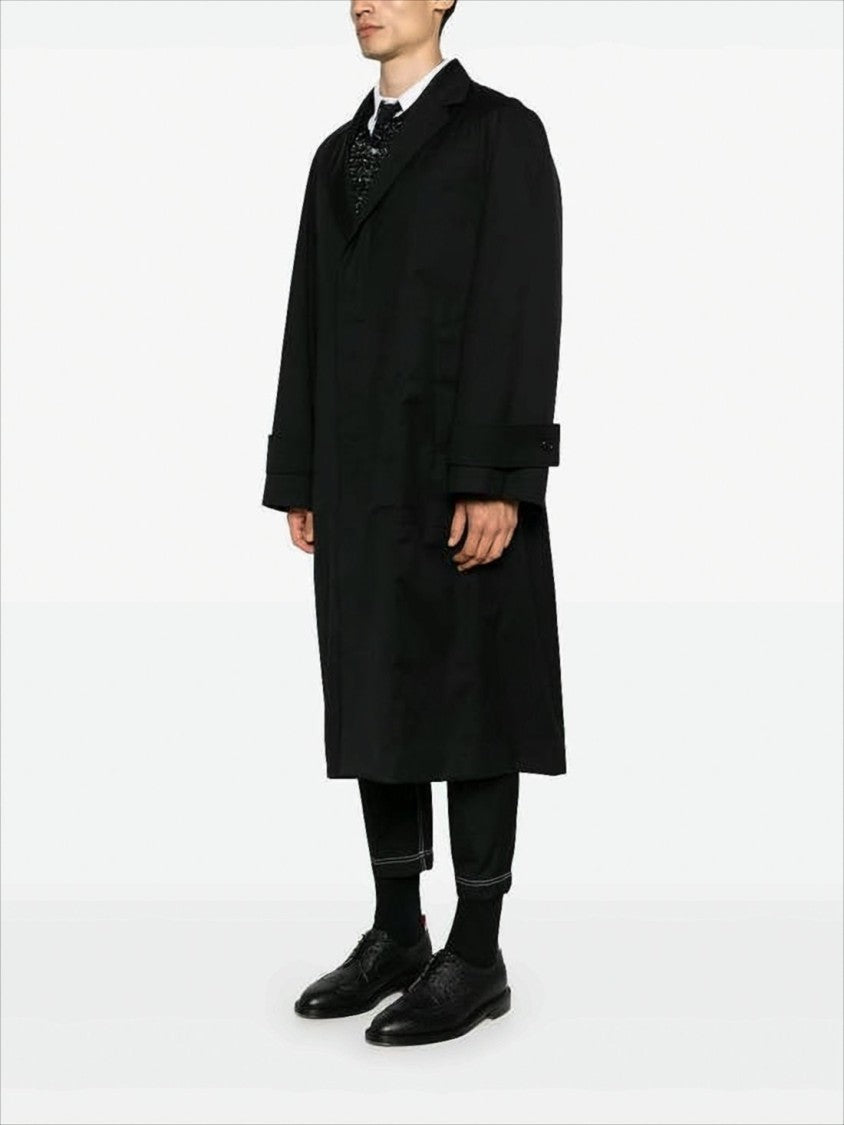 Long Black Wool Coat with Tailored Silhouette and Tricolor Accents