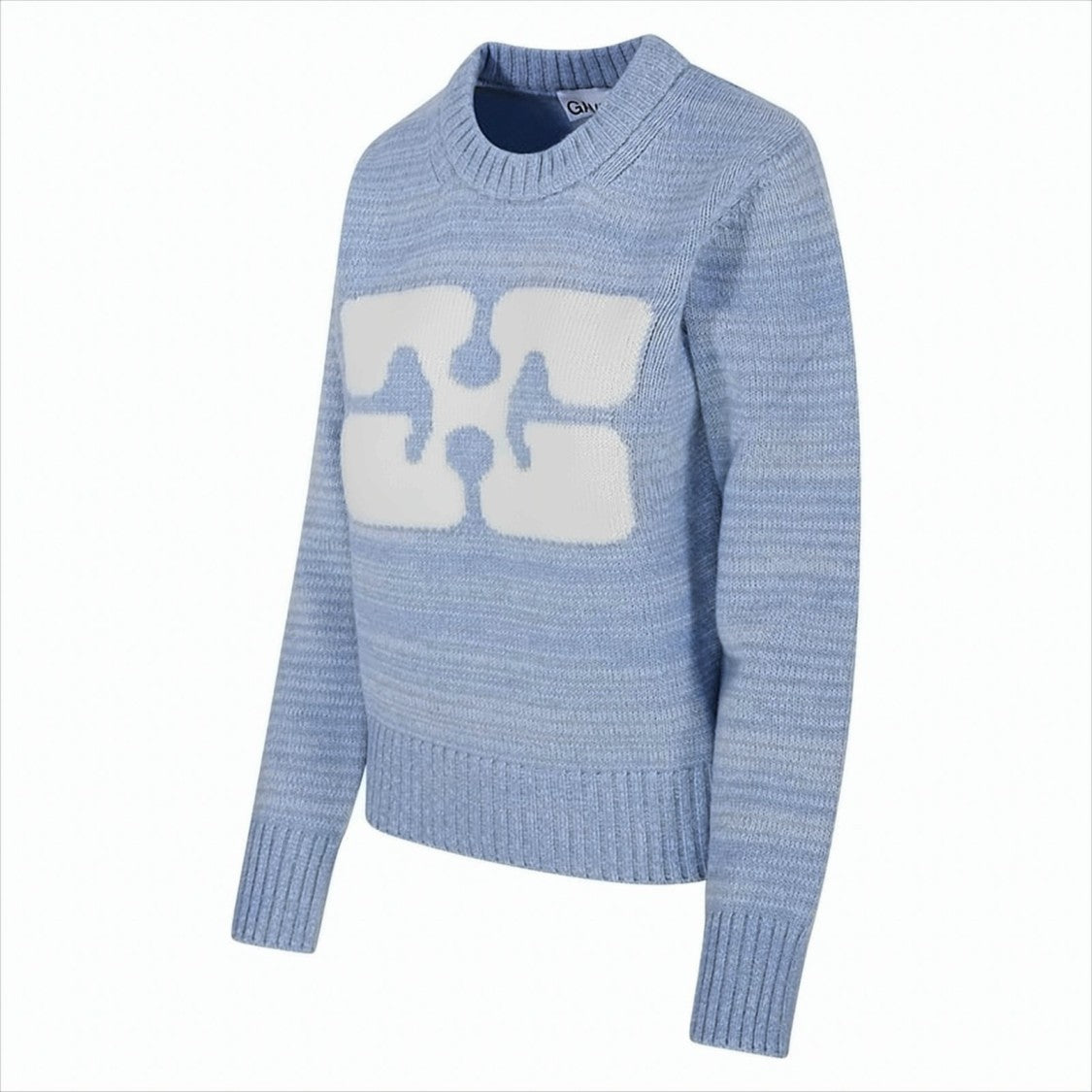 Textured Blue Wool Blend Pullover Sweater with Abstract Graphic