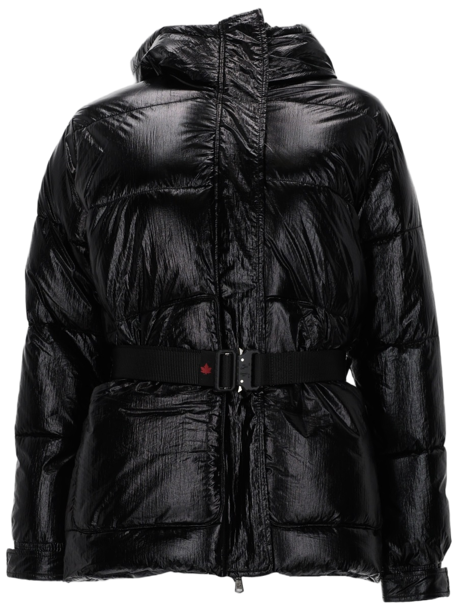 Puffer Jacket With High Collar And Wide Belt