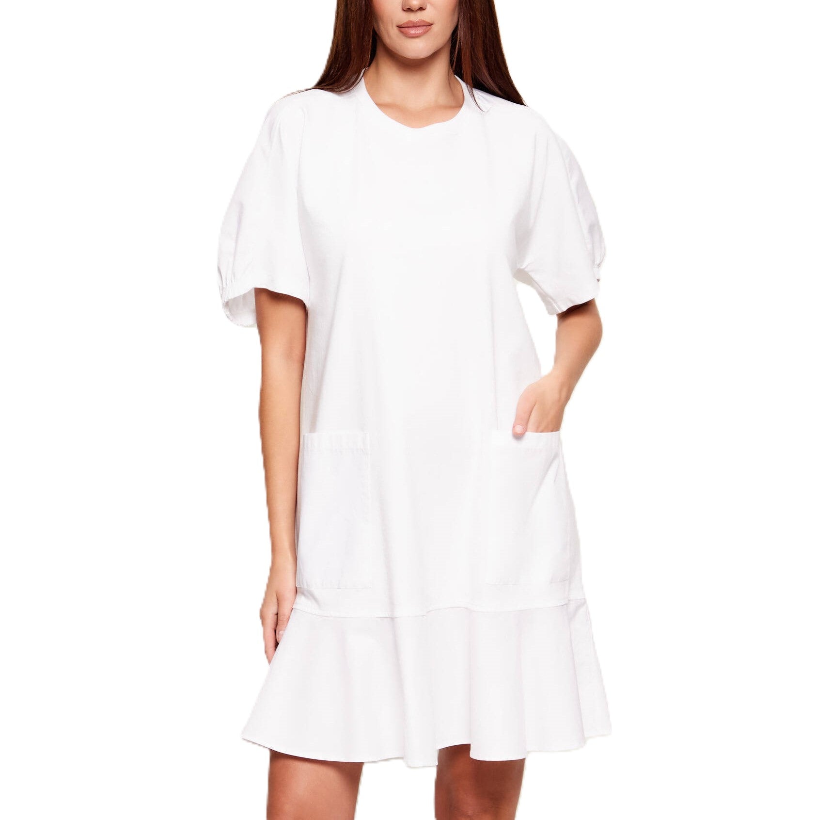 Relaxed Fit White Dress with Puffed Sleeves