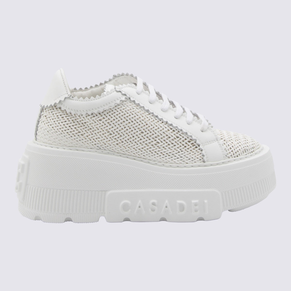 Textured White Leather Sneakers with Platform Sole