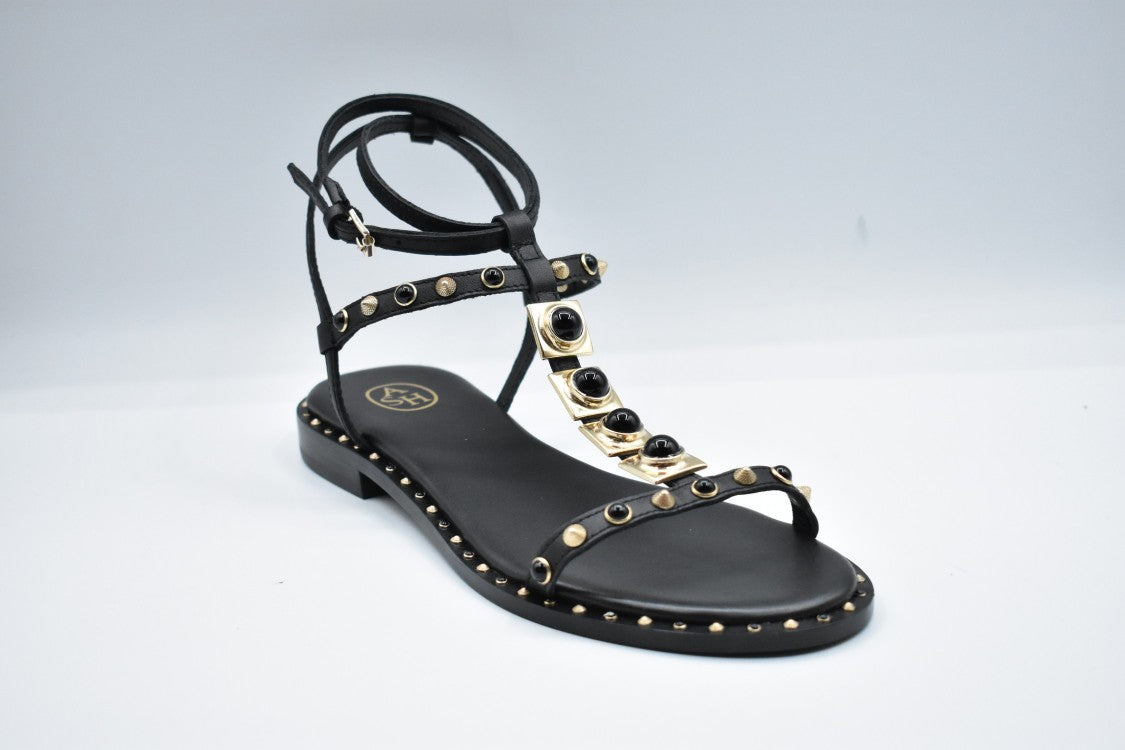 Laced Flat Sandals With Studded Detailing And Ankle Straps