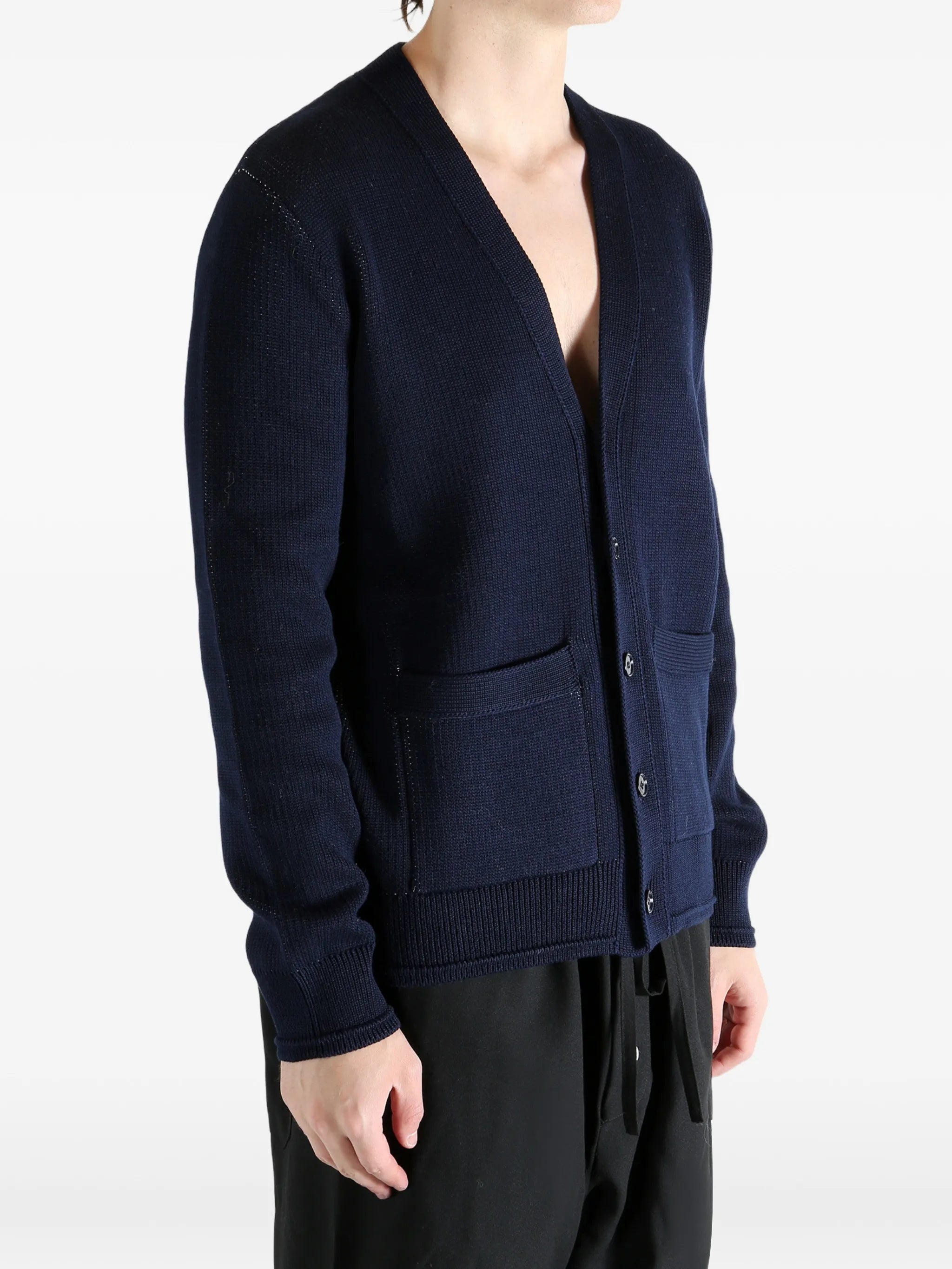 Deep V-Neck Embossed Ribbed Cotton Cardigan