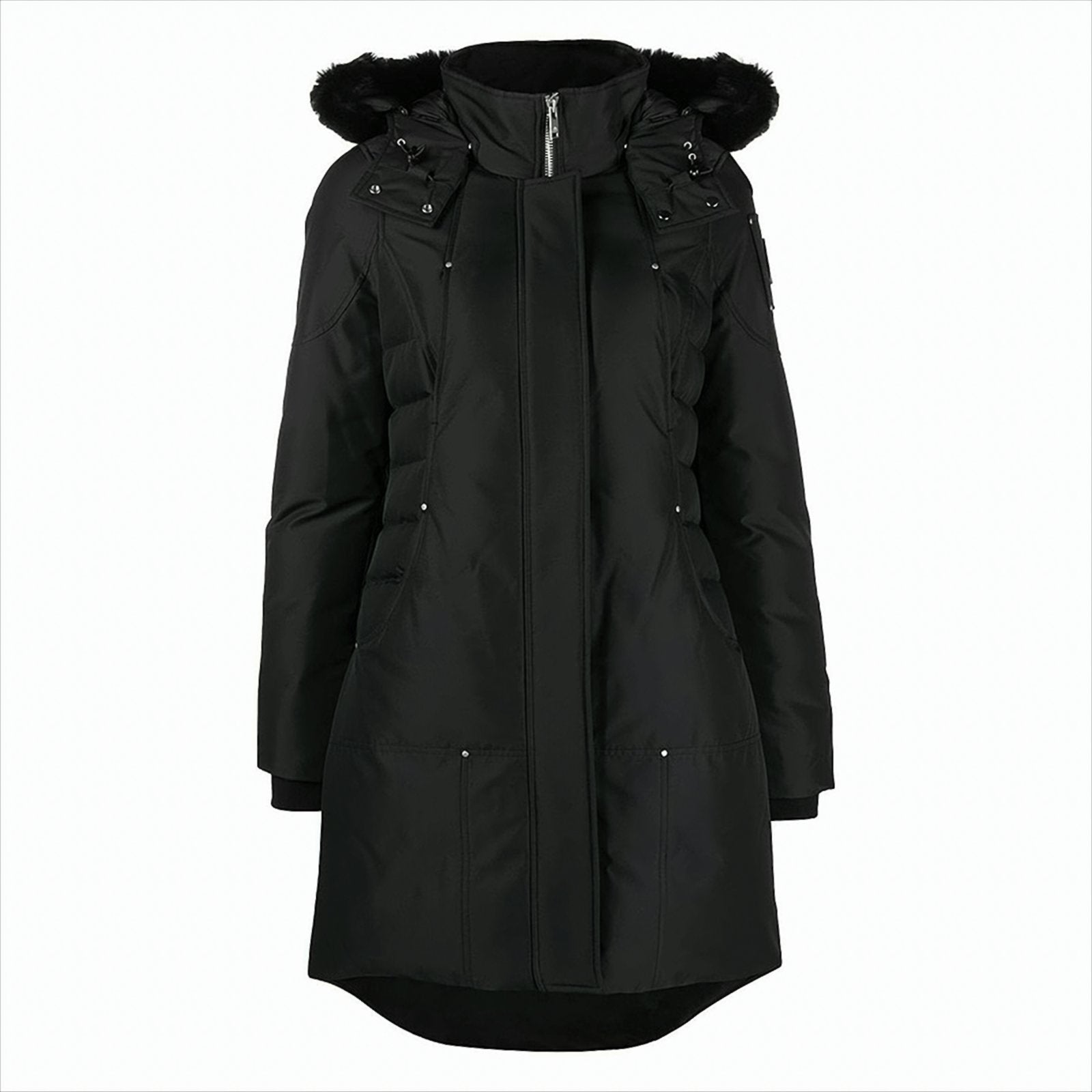Longline Black Padded Parka with Fur-Trimmed Hood