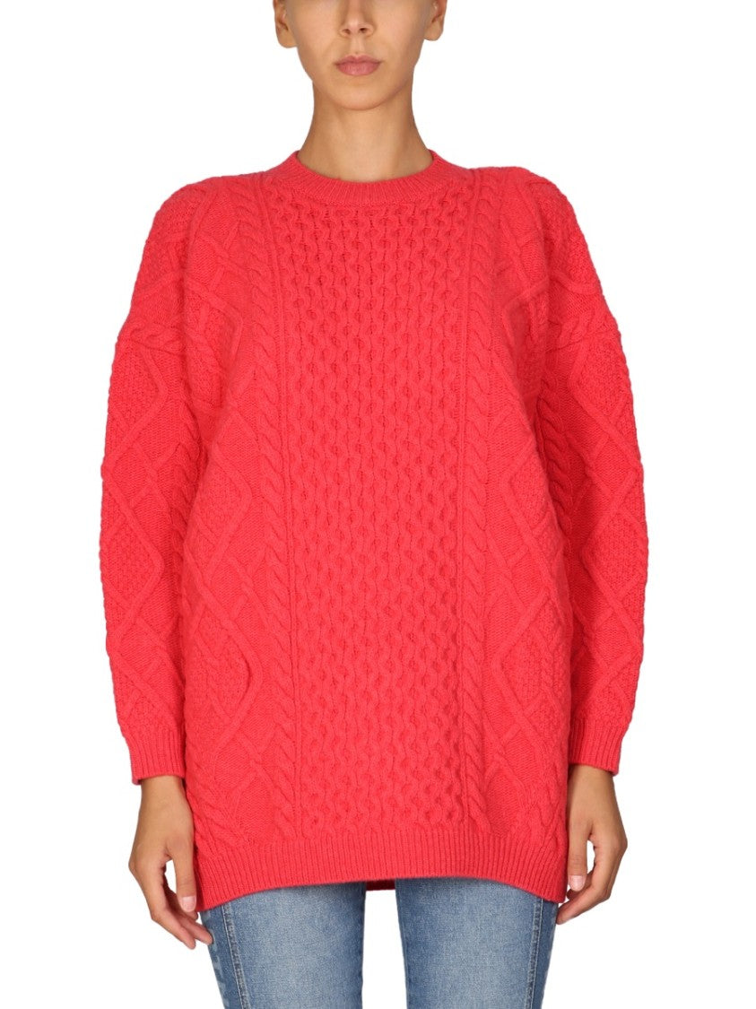 Textured Cable Knit Wool Crew Neck Sweater