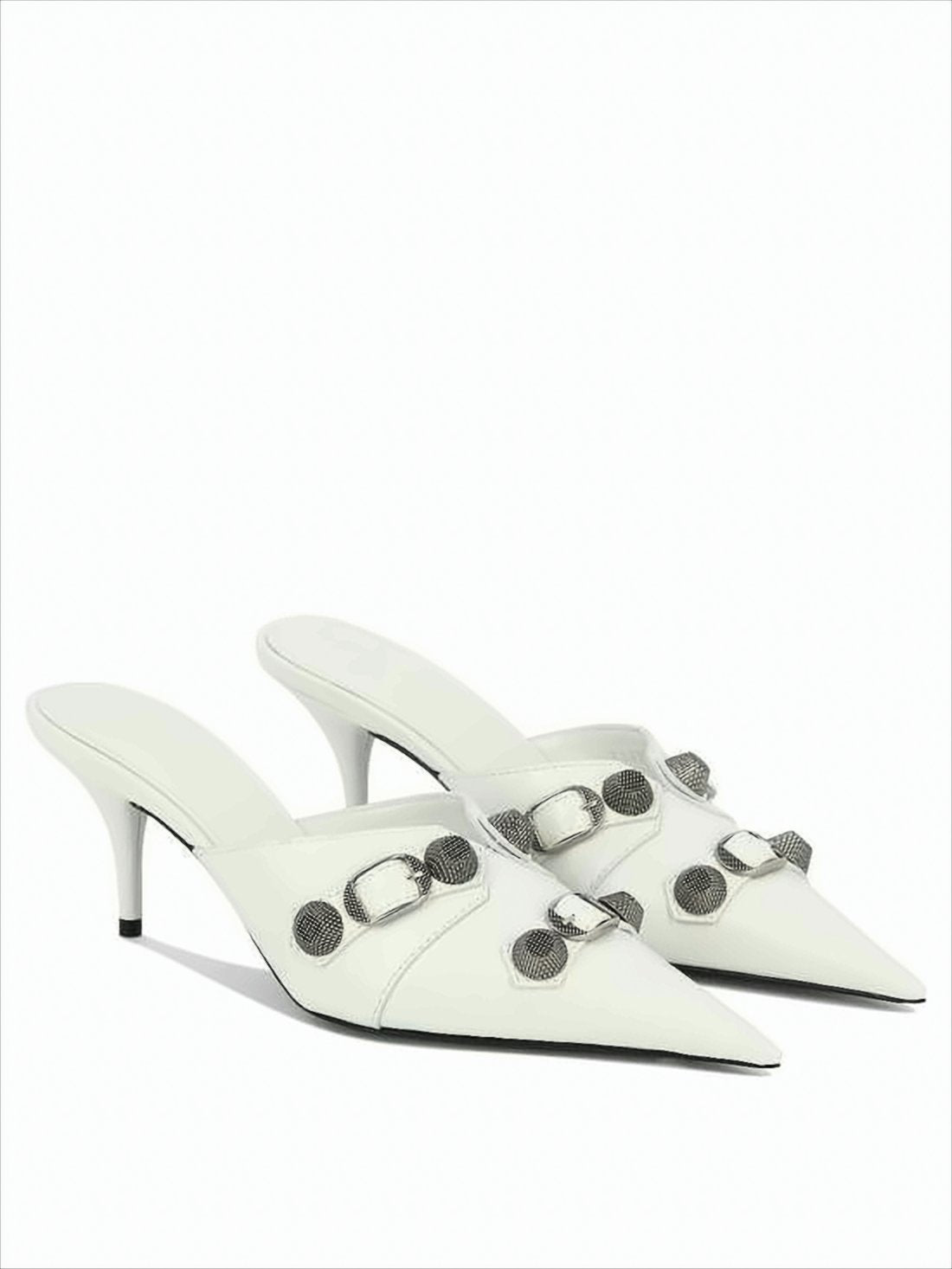White Pointed Toe Mule with Decorative Buckle and Stud Accents