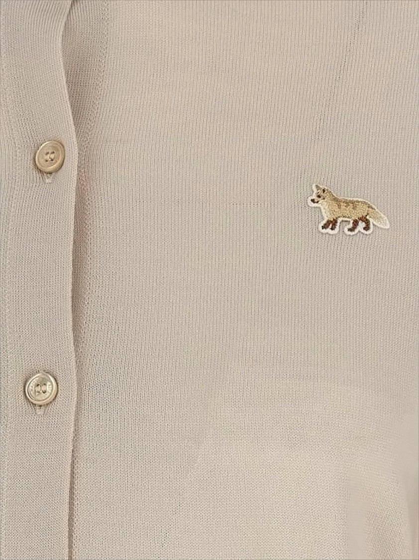 Fine-Knit Cardigan With Button-Down Front And Embroidered Fox Emblem