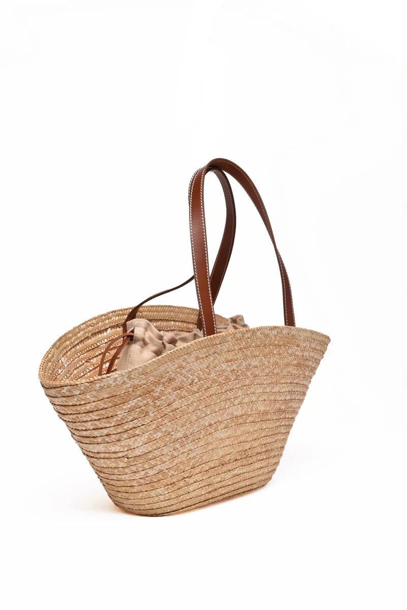 Straw Leather Shopper - Beige/Brown
