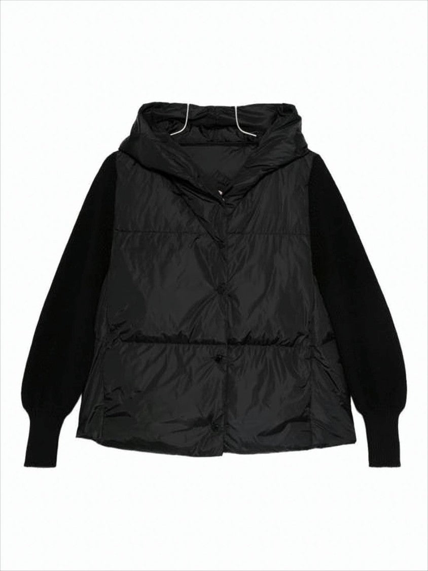 Puffer Jacket with Contrasting Knit Sleeves and Hood