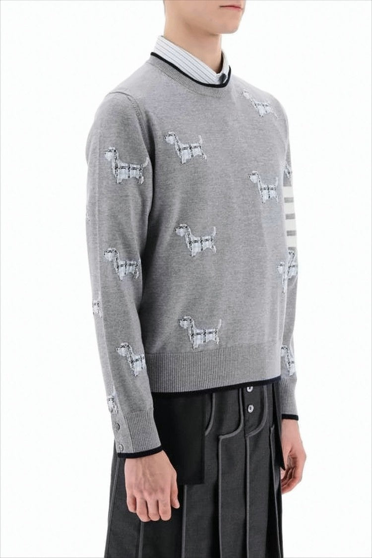Grey Wool Sweater with Dog Motif and Signature Stripes