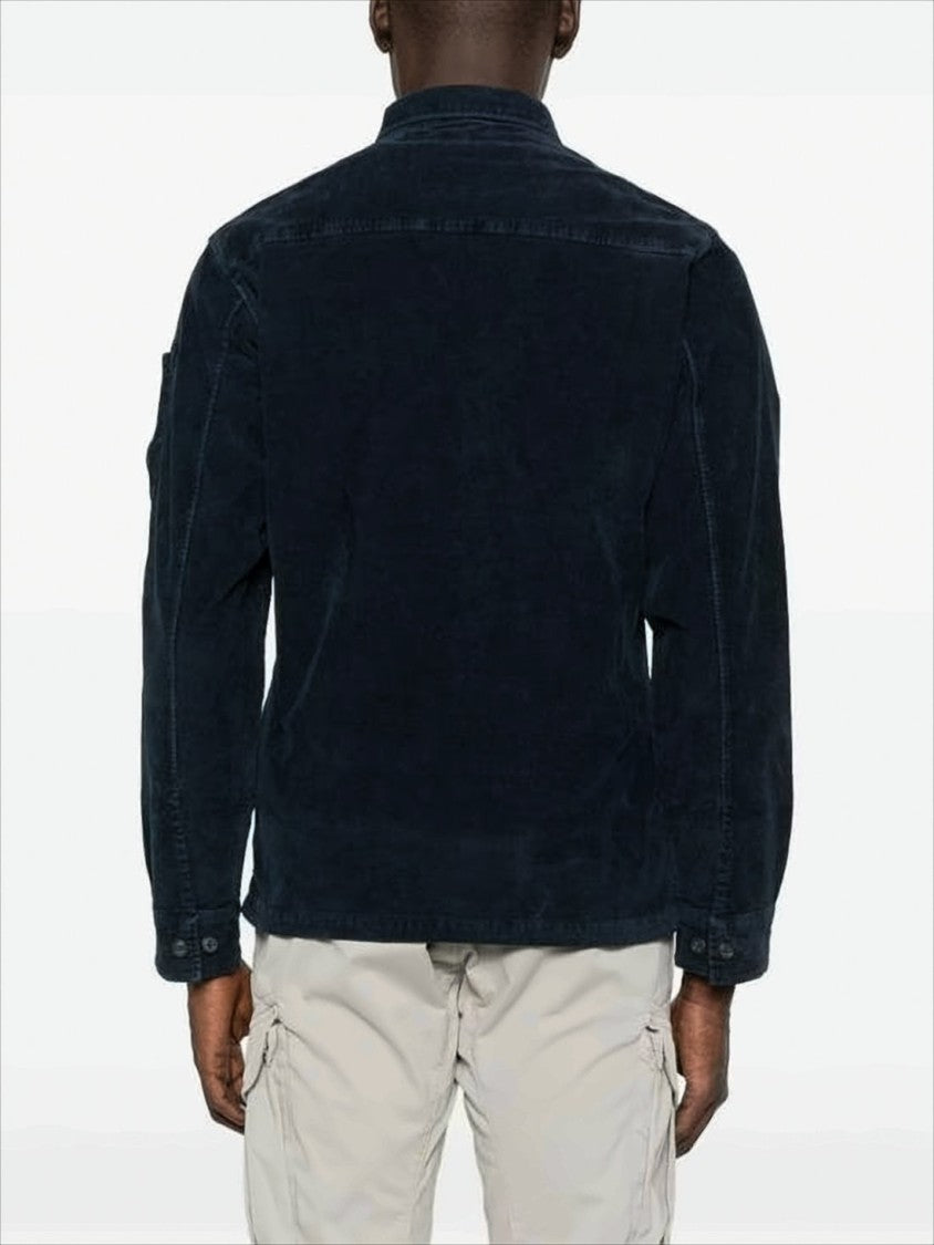 Navy Corduroy Jacket With Button-Up Front And Unique Lens Detail