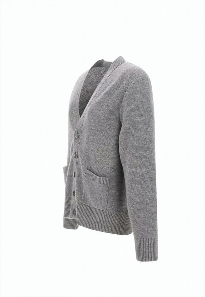V-Neck Grey Wool Cardigan with Distinctive Stripe Detail