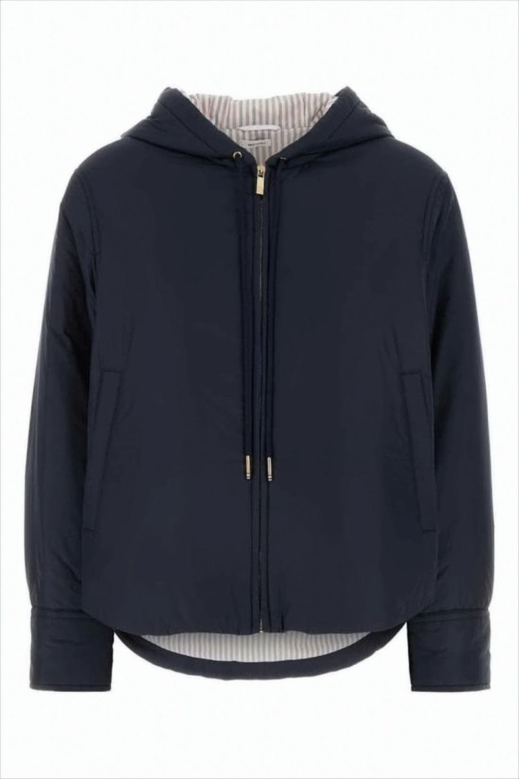 Cropped Blue Jacket with Front Zipper and Hood