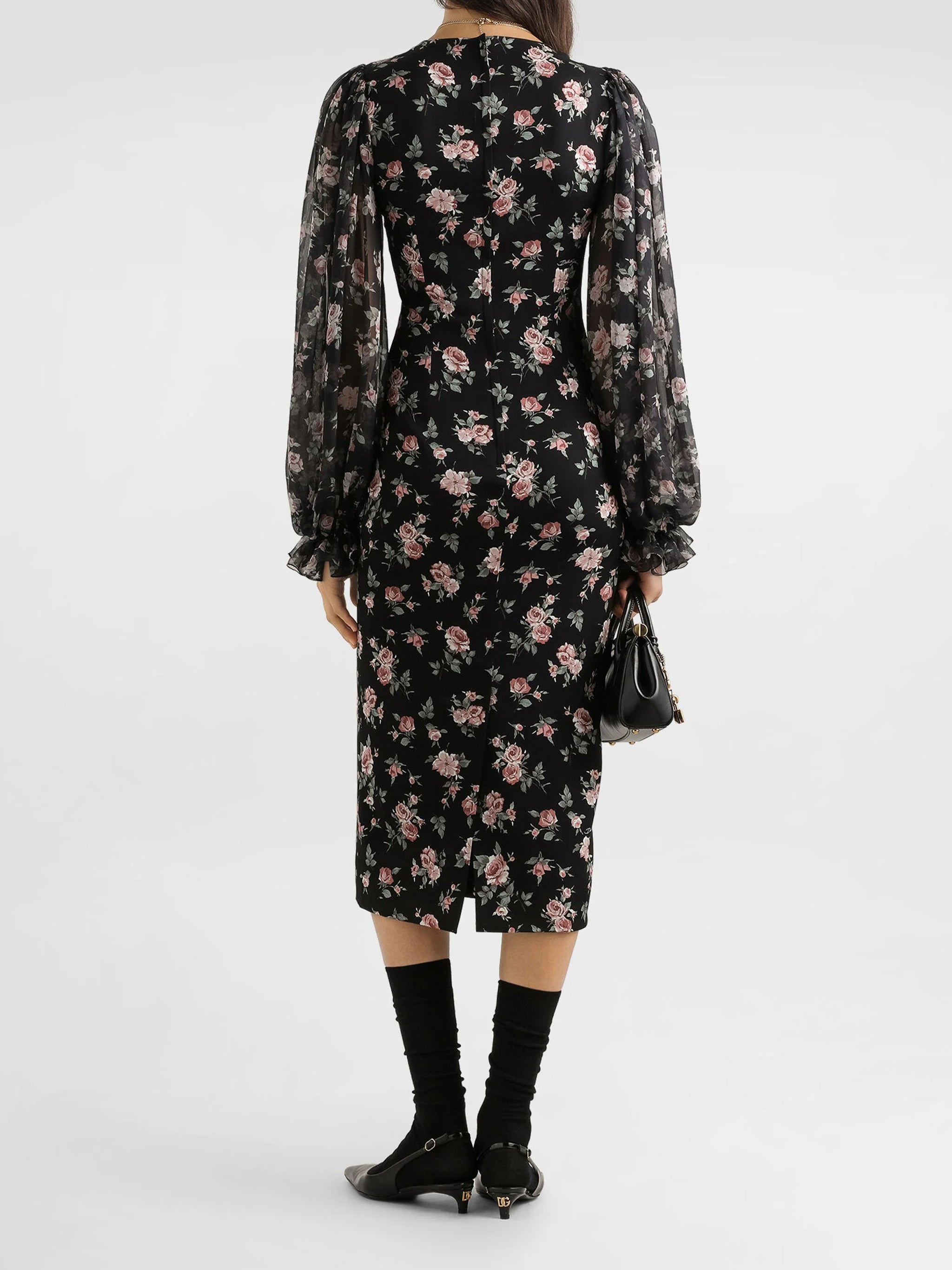 Fitted Midi Floral Print Silk Dress