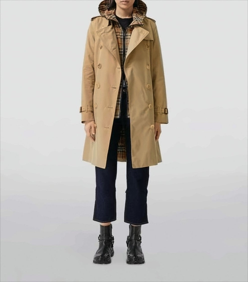 Double-Breasted Trench Coat with Distinctive Check Hood