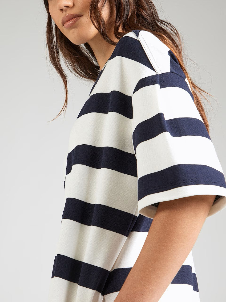 Short-Sleeve Striped Mini Dress with Round Neckline