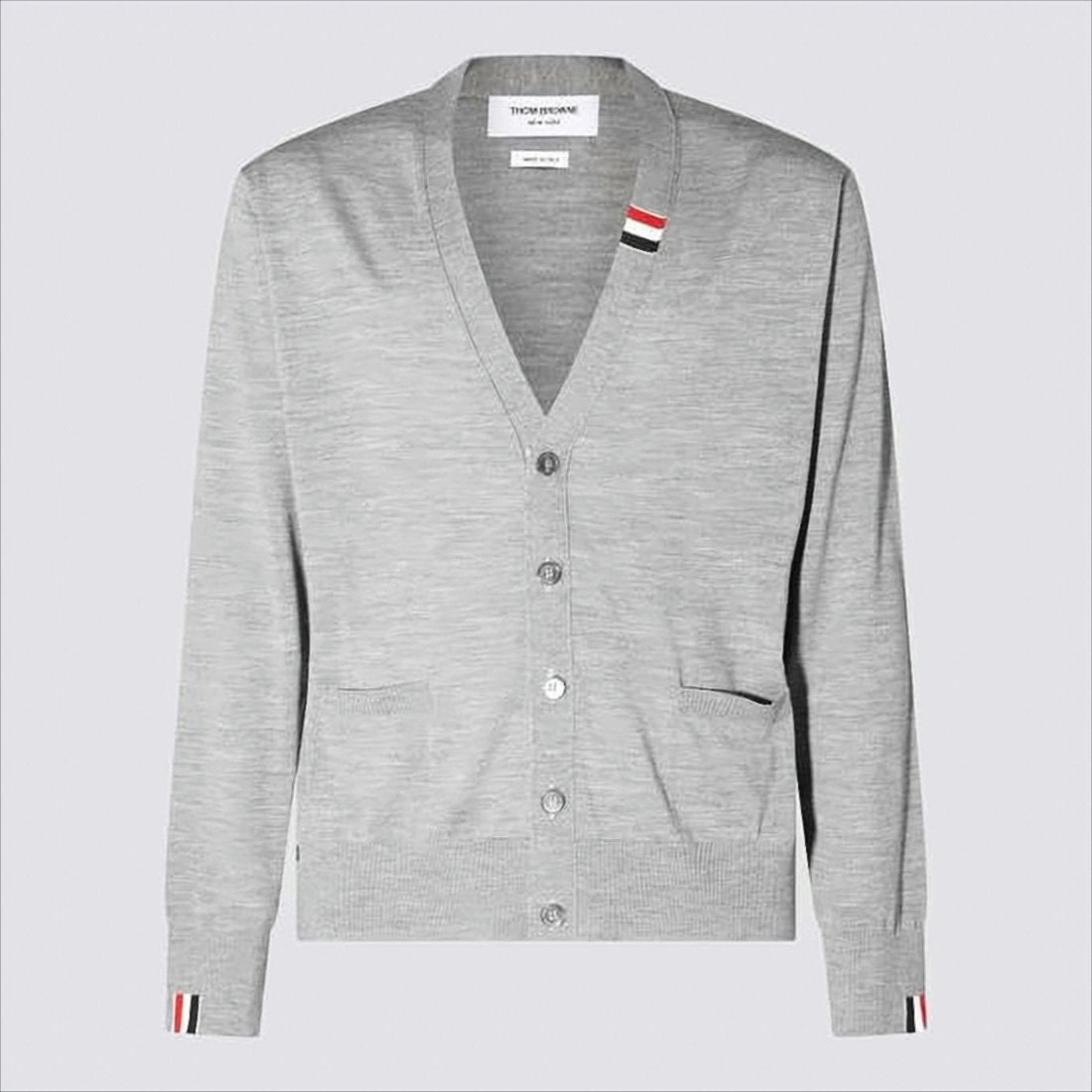 Lightweight Grey Cardigan with V-Neckline and Striped Accents