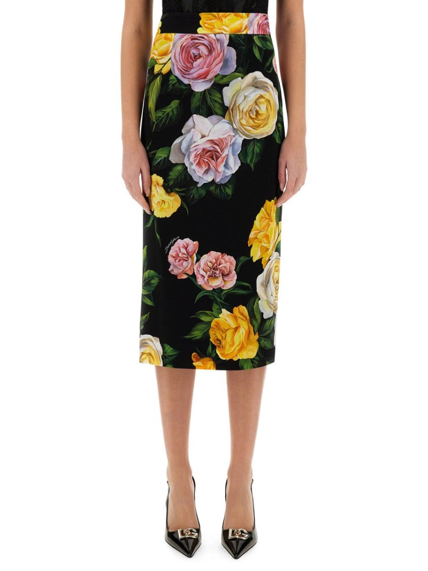 Peony And Rose Print Charmeuse Longuette Skirt