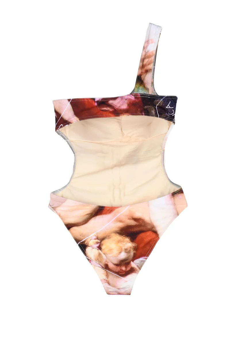 Artistic One-Shoulder Swimsuit with Detailed Print